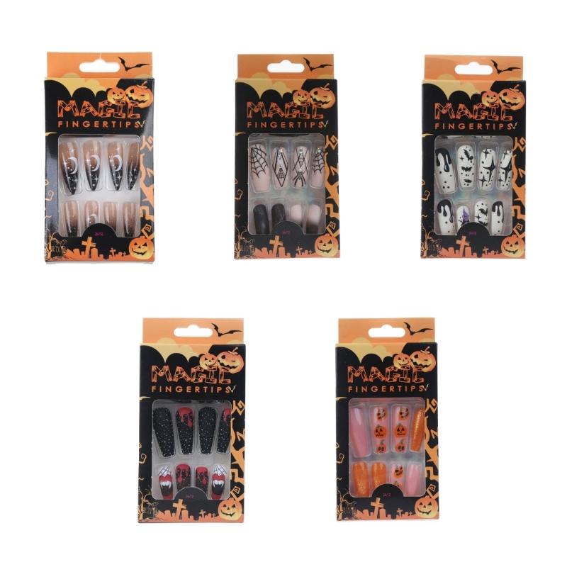 24Pcs Stiletto Fake Nails Coffin Nails Halloween False Nails Punk Full Cover Artificial Press On Nails for Women Girls