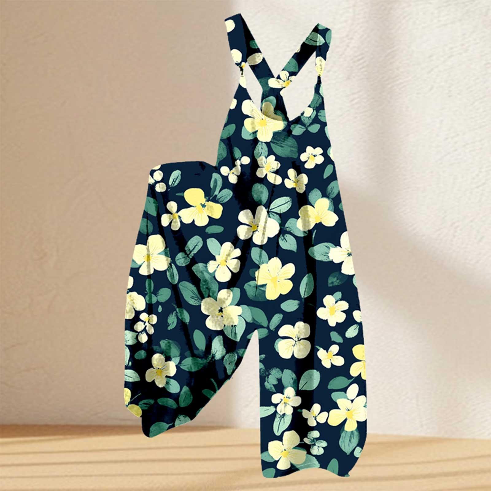 

Женский комбинезон с цветочным принтом, повседневный свободный комбинезон из хлопка и льна XXXL зелёный