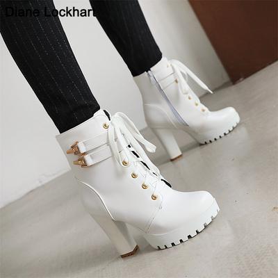 Modemarken-Designer Herbst Winter Neue Damen Schuhe Schwarze Absätze Stiefel Schnürung Plateau Stiefeletten Klobige Absätze Schnürstiefel Botas Weiß