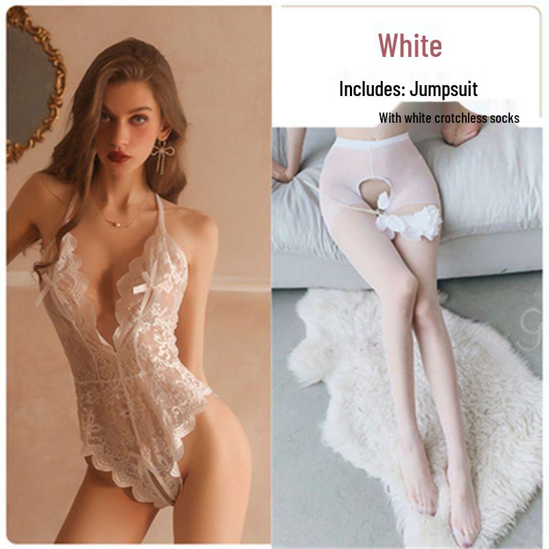 Pure Desire Lace Sleepwear Set: Sexy See-Through, Deep V, Backless, Open Crotch, Removable for Ultimate Temptation