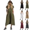 Damen Vintage Baumwoll-Leinen Kapuzen-Halbreißverschluss Mittellanges Kleid