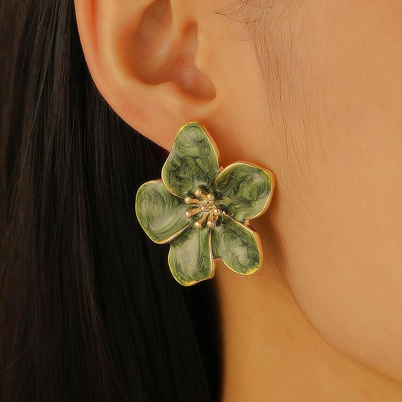 

New Fashion Glaze Enameled Flower Stud Earrings For Women Girls French Ins Vintage Korean Wedding Romantic Gold Color Zircon