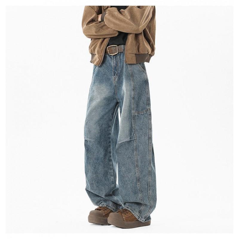 Mens Distressed Patchwork Jeans Thin Loose Straight Leg Wide Pants Teens