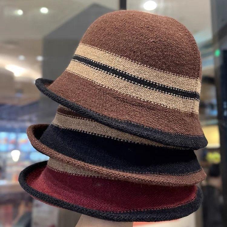 Autumn and Winter New Warm Autumn and Winter British Versatile Bucket Hat Elegant Retro Striped Top Hat Basin Hat Fashion Hat
