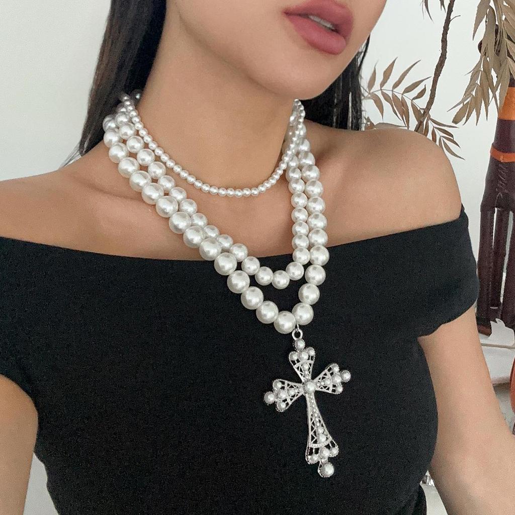 European & American Punk Pearl Multi-Layer Necklace Set with Hollow Cross and Stacked Clavicle Chains