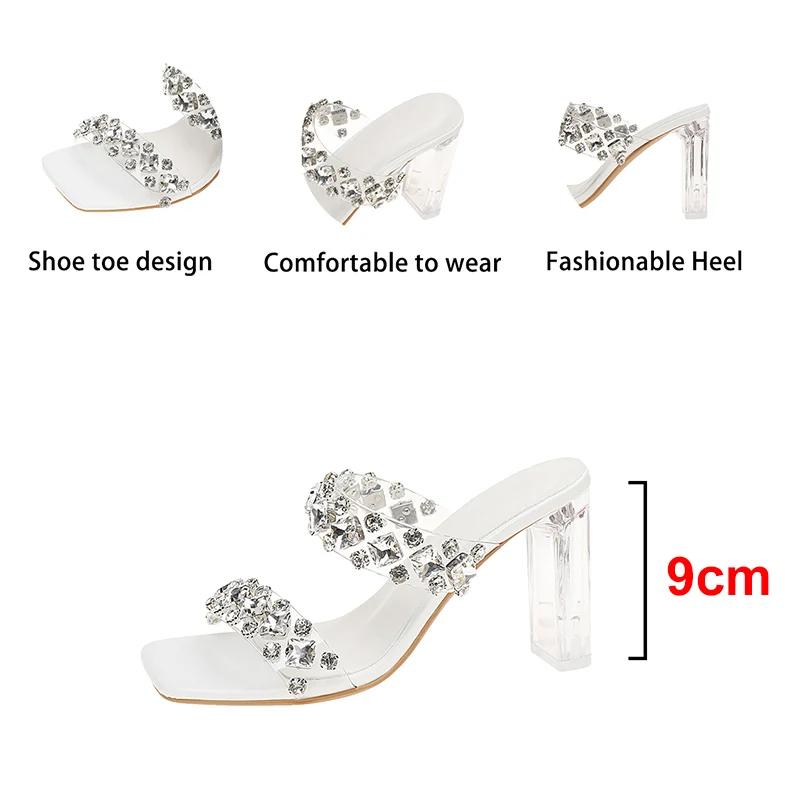 Fashion Rhinestone Decor Transparent Heel Sandals for Women 2025 Summer Square Toe High Heels Slippers Woman Fashion Crystal Party Shoes