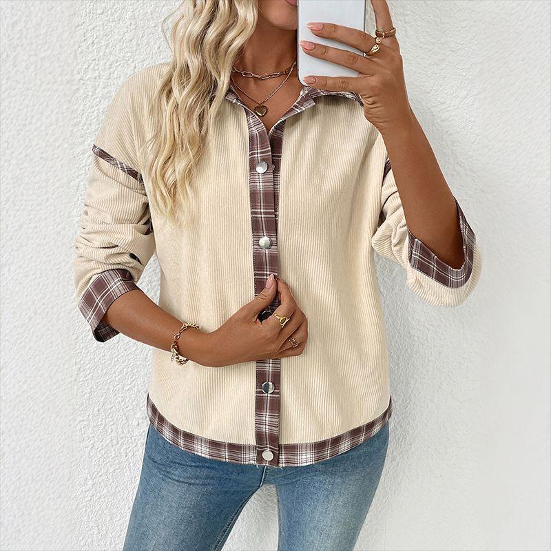 

Fashion Women Jacket Ladies Coat Retro Style Lapel Plaid Corduroy Women s Jacket Apricot XL