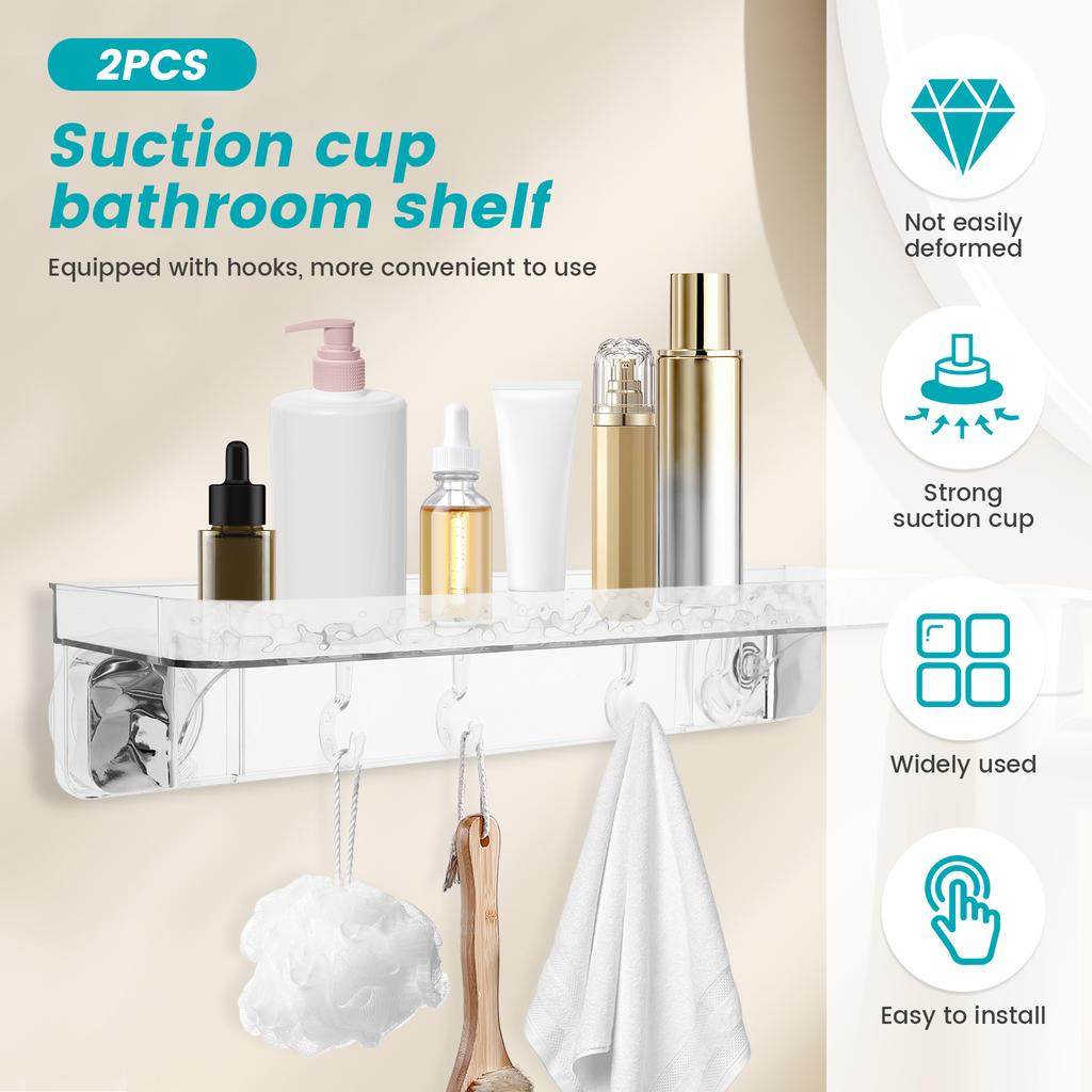 Suction Cup Bathroom Shelf No Drilling Shower Caddy Clear with 4 Hooks No Drilling Wall Shampoo Conditioner Soap Organizer