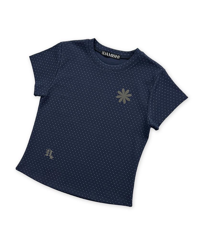 Damiswi Flower Symbol Polka Dot Short Sleeve T-Shirt_Navy