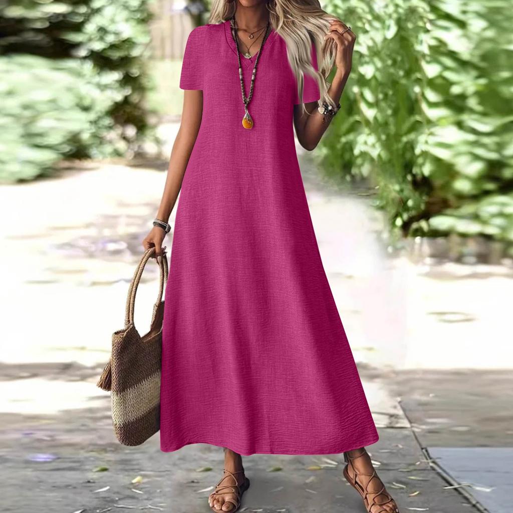 Women's Fashion V-Neck Short Sleeve Solid Color Zipper Casual Vacation Long Dress Cotton Linen Dresses