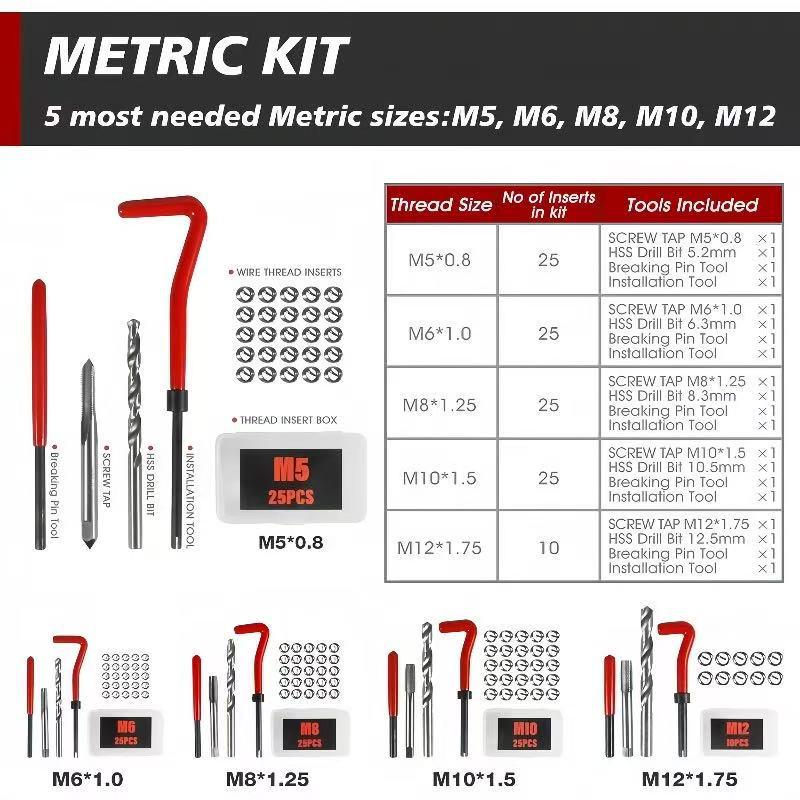 261-Piece Thread Repair Kit: Tap Drill Bits & Self-Tapping Inserts