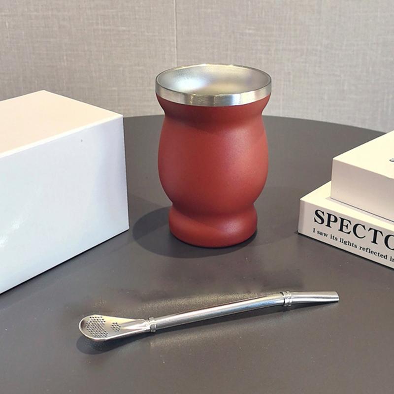 1 Set Yerba Mate Cup 304 Stainless Steel Double Wall 8oz Yerba Mate Gourd Cup With Straw Spoon And Cleaning Brush Teaware Sets