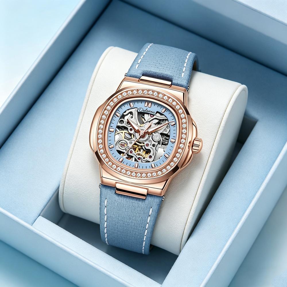 Ladies Automatic Watch Skeleton Mechanical Sky Blue Strap Fashion Diamond Crystal Evening Banquet Dress Watches for Women