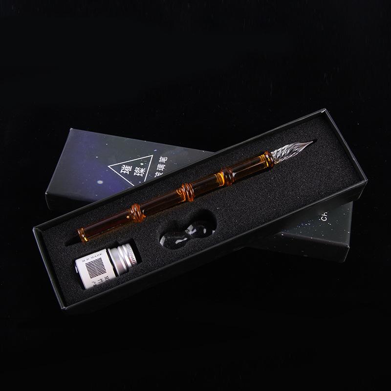 Bamboo Glass Dip Pen with Artistic Colored Ink Calligraphy Crystal Signature Pen for Drawing Writing Office School Supplies