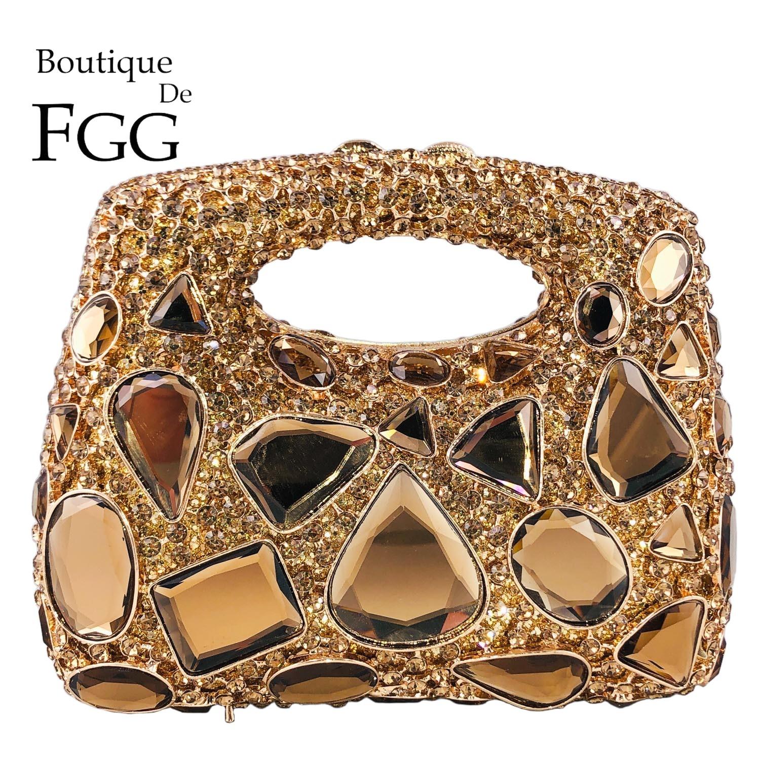 

Boutique De FGG Top-Handle Women Golden Evening Bags and Clutches Formal Party Crystal Clutch Purse Bridal Wedding Handbag Mini Size