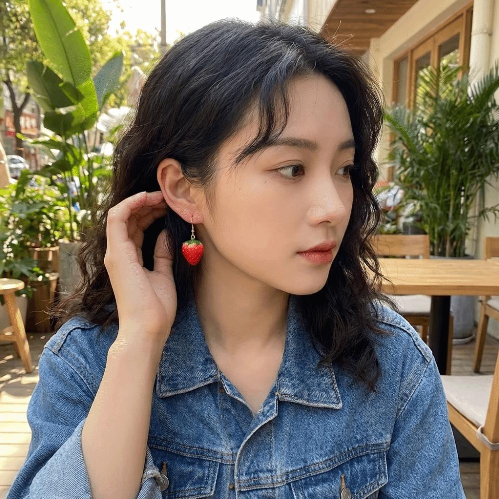 Vintage Strawberry Drop Earrings Green Leaves Dainty Simulated Fruit Earrings Bow Lovely Style Flower Drop Earrings Party