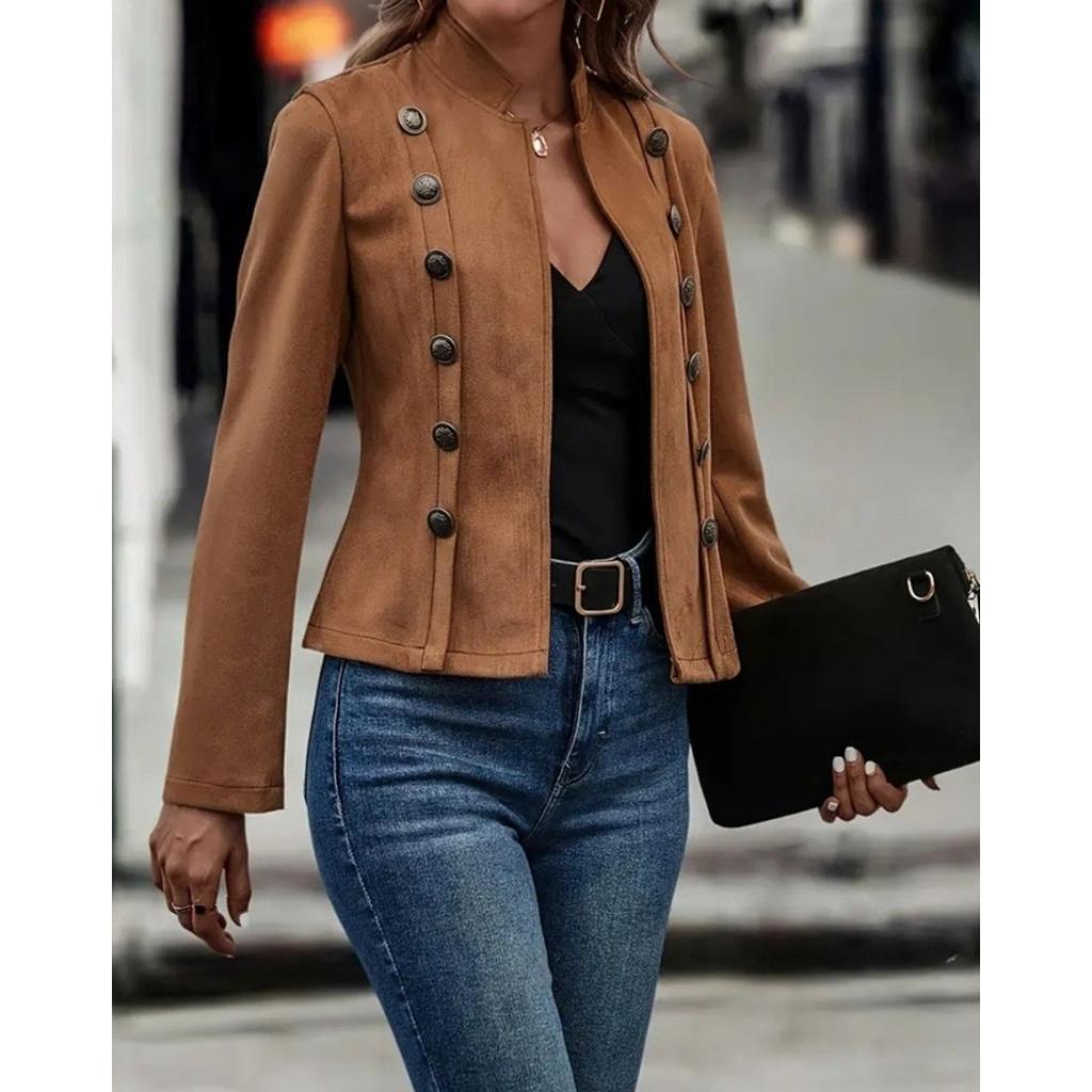 Damen Blazer mit Stehkragen Langarm Slim Fit Vintage Kunstwildleder Jacke Einfarbig Cropped Mantel