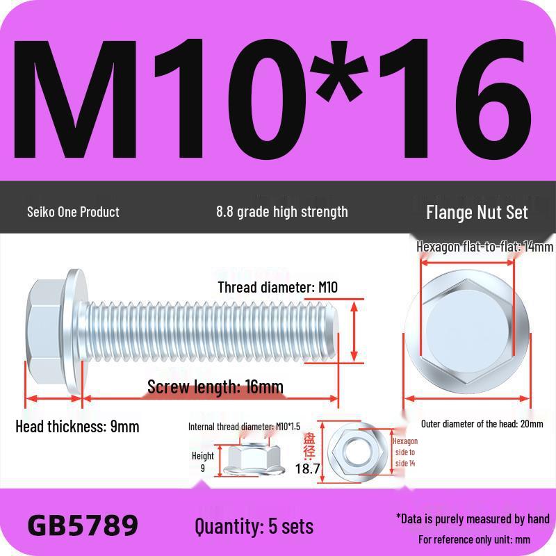 8.8 Grade Hex Flange Bolt and Nut Set with Anti-slip Washer: M5, M6, M8, M10 Assortment