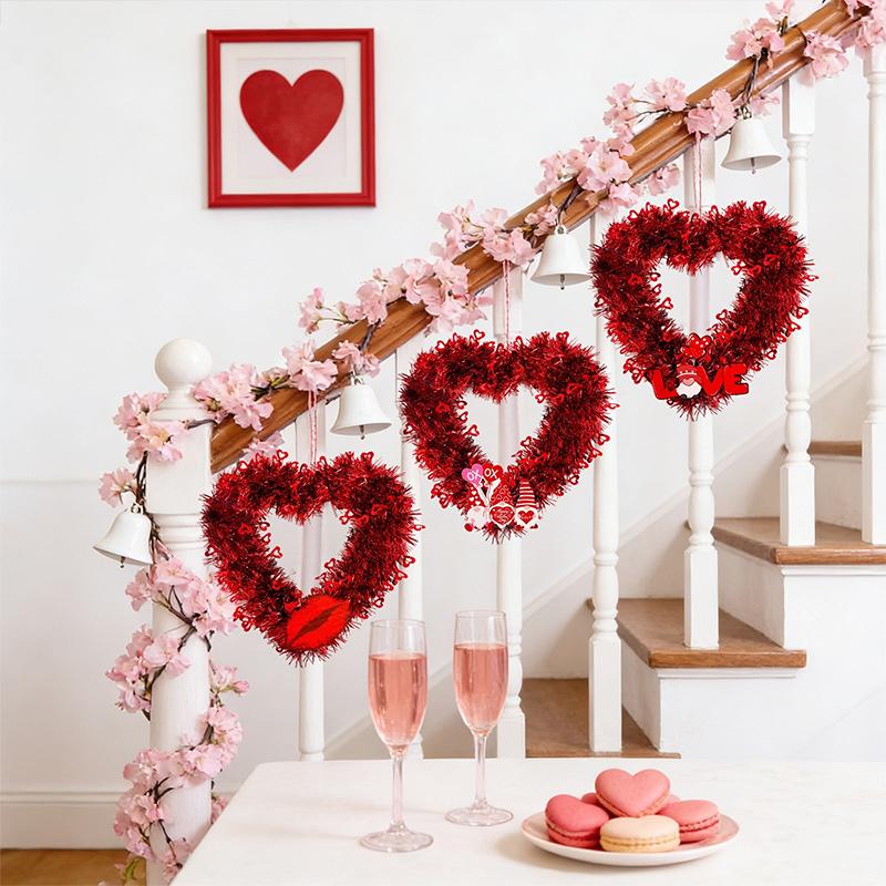 Valentines Red Heart Shaped Wreath Decorative Hanging Love Garland for Wedding Engagement Window Decoration