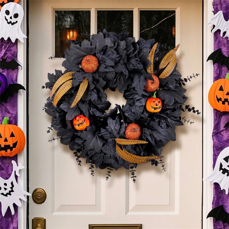 Eerie Season Artificial Black Maple Leaf And Pumpkins Wreath Weather Proof Halloween Door Hanger For Indoor Outdoor Use