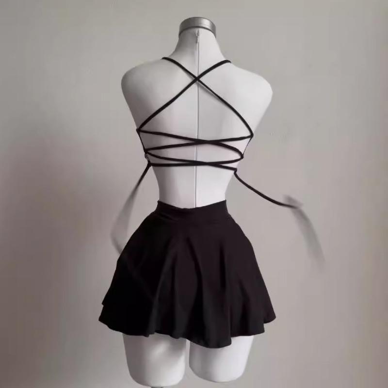 Summer Elegant Suspender Crop Tops Short Skirts 2 Two Piece Set Sleeveless Fashion Casual Sexy Backless Bandage Black Skirt Simple Clothing