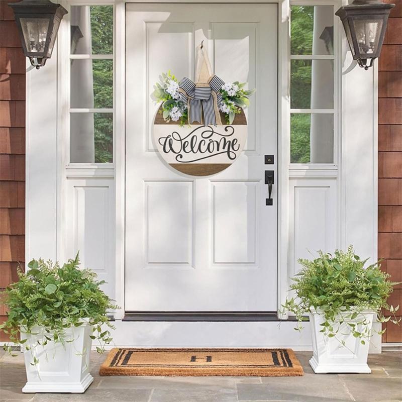 Holz Willkommensschild Blumengirlande Anhänger zur Aufhängung für Haustür Wand Gartenbrett mit Schleifendekorationen