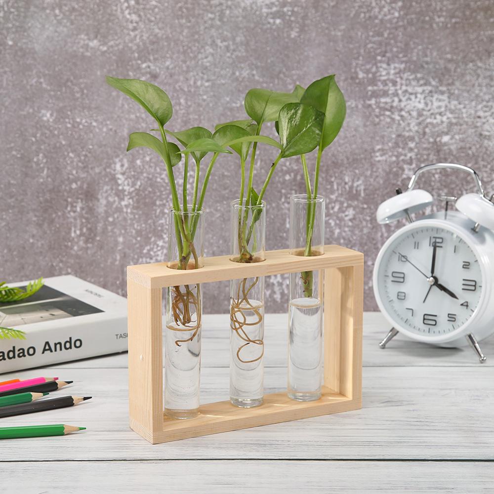 Glass and Wood Vase Planter Terrarium Table Desktop Hydroponics Tray Home Decor Plant Bonsai Flower Pot Hanging Pots with Wooden