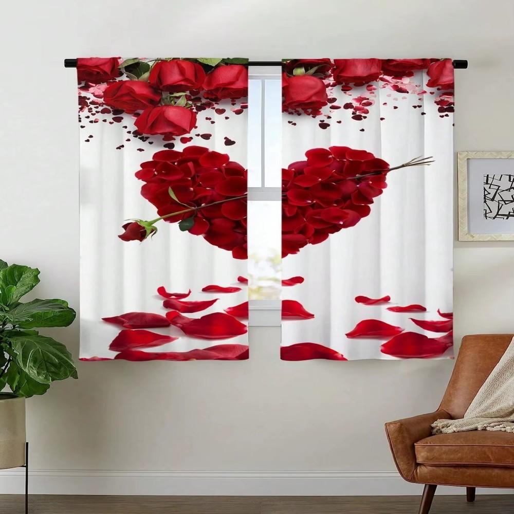 2pcs Romantic Red Rose Heart Printed Curtains, Love-Themed Design, Light-Filtering Fabric, Perfect for Bedroom Living Room Windo