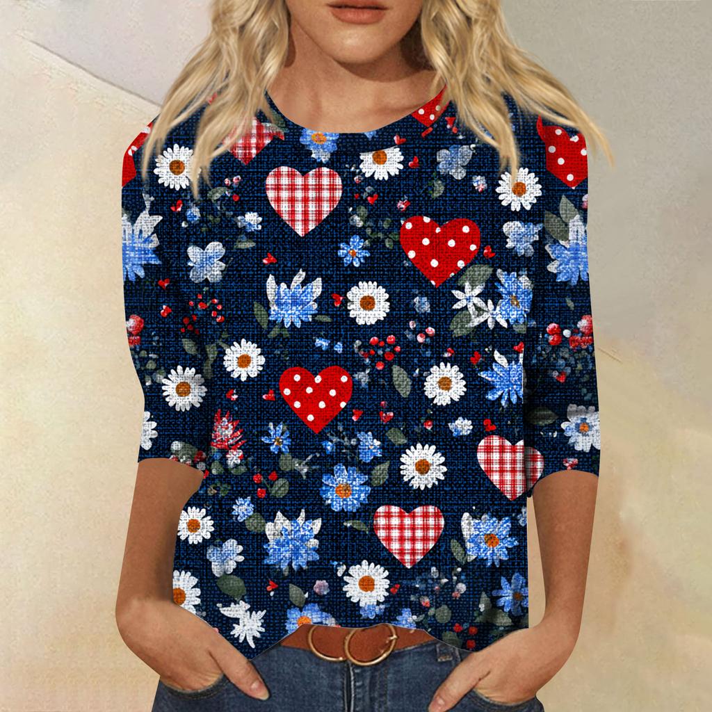 Women's Tops Three-quarter Sleeve Shirt V-neck Loose Casual Shirt Print T-shirt