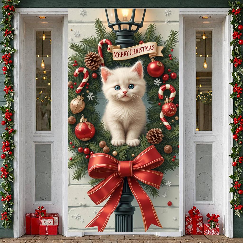 Cat Theme Christmas Banner Snowy Scene Wreath Kitten Christmas Party Decoration Backdrop Xmas New Year Party Photo Shoot Prop