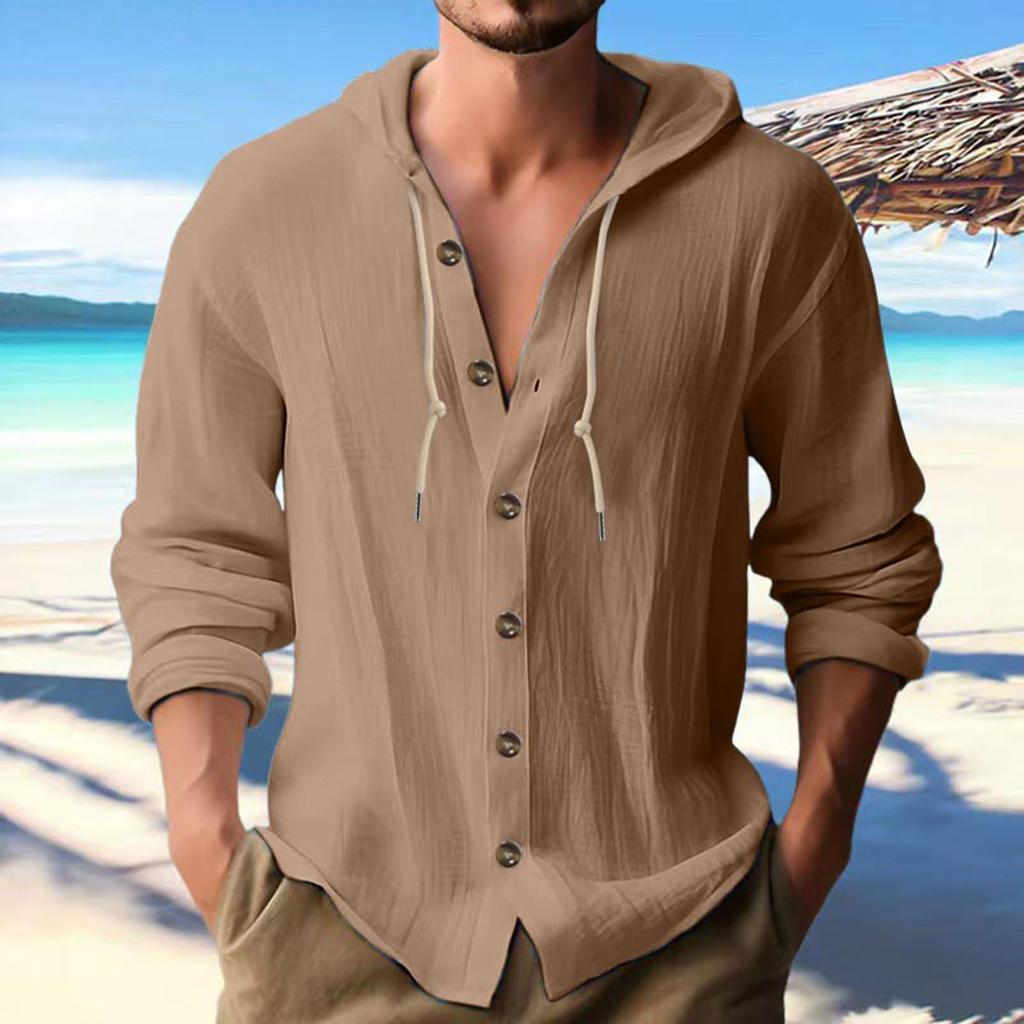 Mens Fashion Casual Solid Color Simple Casual Button Hooded Shirt Top Casual Commuting Short Sleeved Shirt