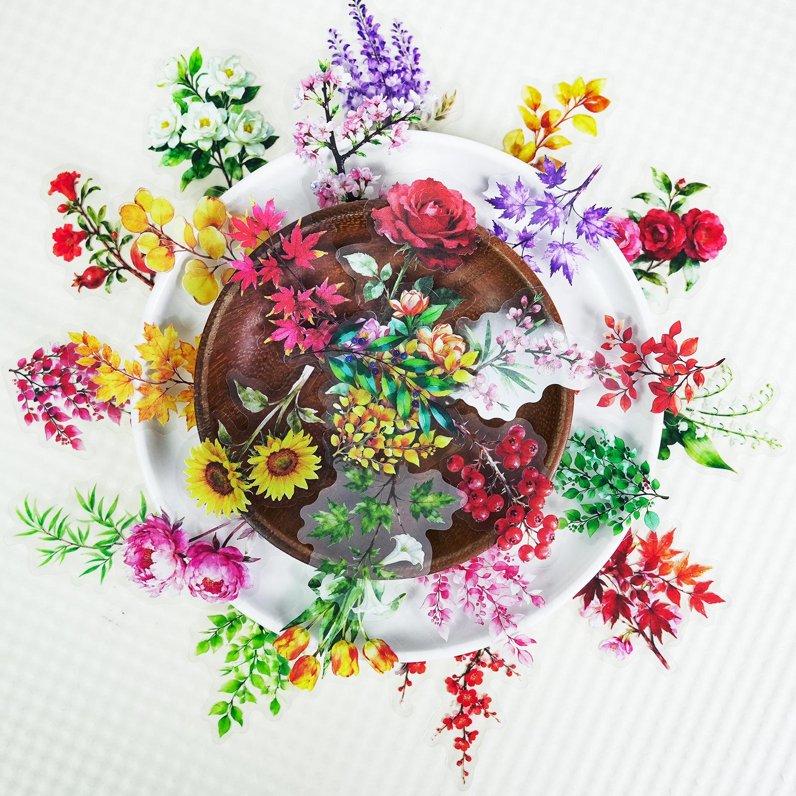 

56 Retro Plant Transparent Pet Stickers Sunflower Rose Non-Repeating Realistic Stickers