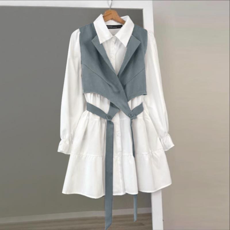 ZANZEA Women Casual Turn Down Collar Loose Long Sleeve Patchwork Shirt Dress