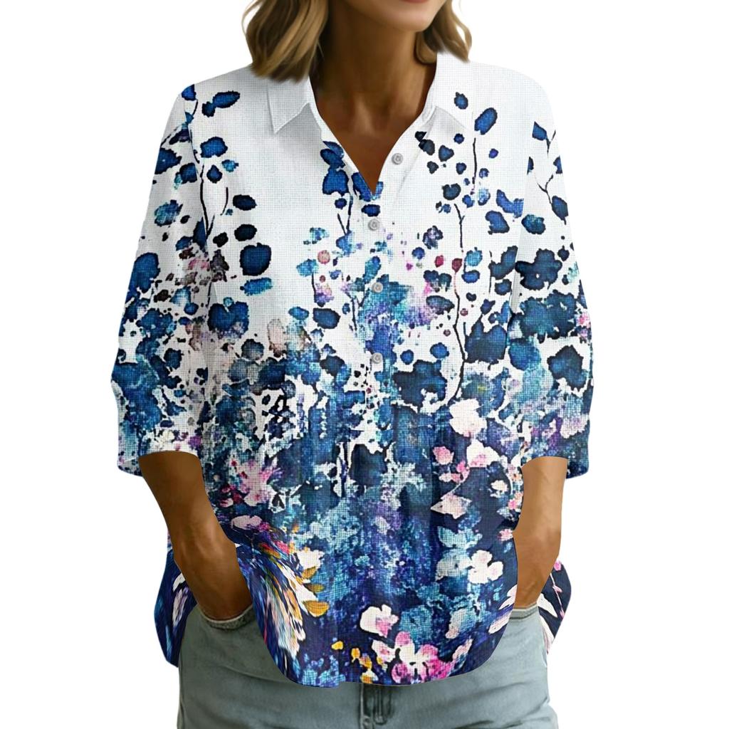 Women's Vintage Floral Print Button Down Blouse, 3/4 Sleeve Relaxed Fit Shirt