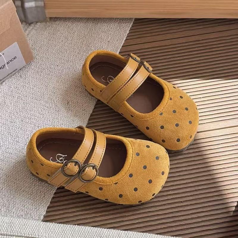 Cute Polka Dot Mary Jane Shoes Girls Soft Sole Comfortable Flat In Yellow Beige Khaki Ages 4-12