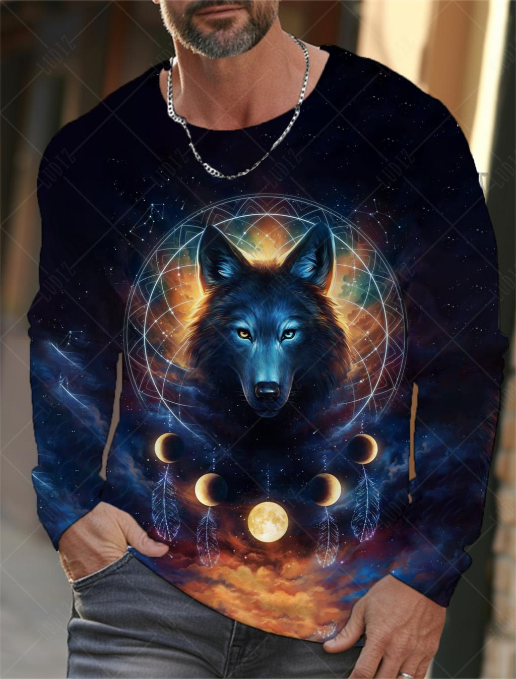 

Винтажная мужская футболка с длинным рукавом, рубашки с 3d принтом, модная одежда с изображением животных и волка, топы с рукавами, мужские уличные топы большого размера 6XL