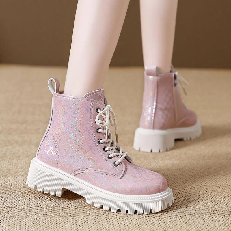 Women Ankle Boots  Thick Soled Sequin Lace-up Fashion Boots Women Plus Size Punk Comfortable Shoes Women  De Mujer