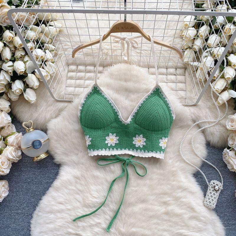 Fresh Crocheted Open Back Sling Bottoming Shirt Halterneck