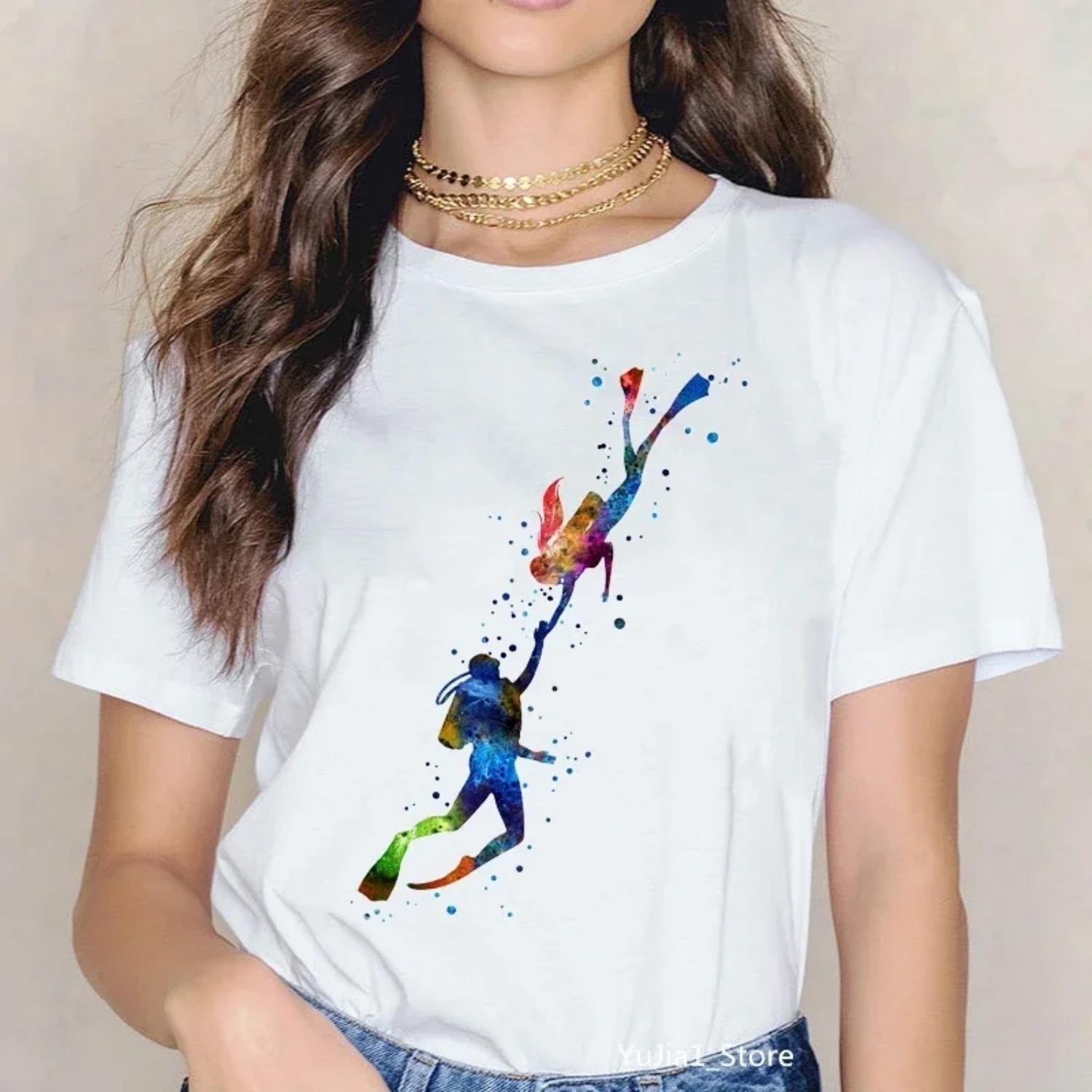 

Watercolor Scuba Diving Lover Printed Sports Art Tee Shirt Femme Cute Summer Top Woman Clothes Ropa Mujer Custom Tshirt XXXXXL