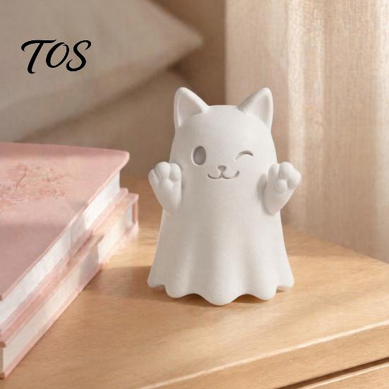 3D Printed Cat Sculptures Cute Ghost Figurine, Wink Smile Surprise Spooky Halloween Decor, Lover Gifts Blank White DIY Paintable Statue, Stable