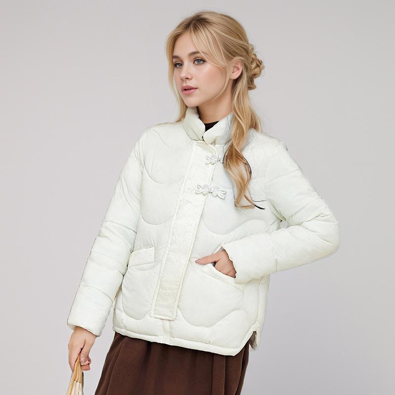 GMXIA Women's Vintage Casual Solid Color Print Autumn Winter Long Sleeve Stand Up Jackets & Coats