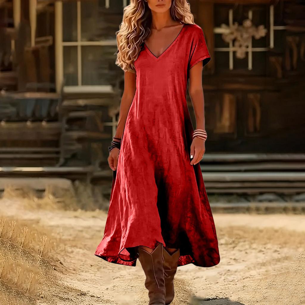Fashion Women's Color V-neck Long Dress Loose