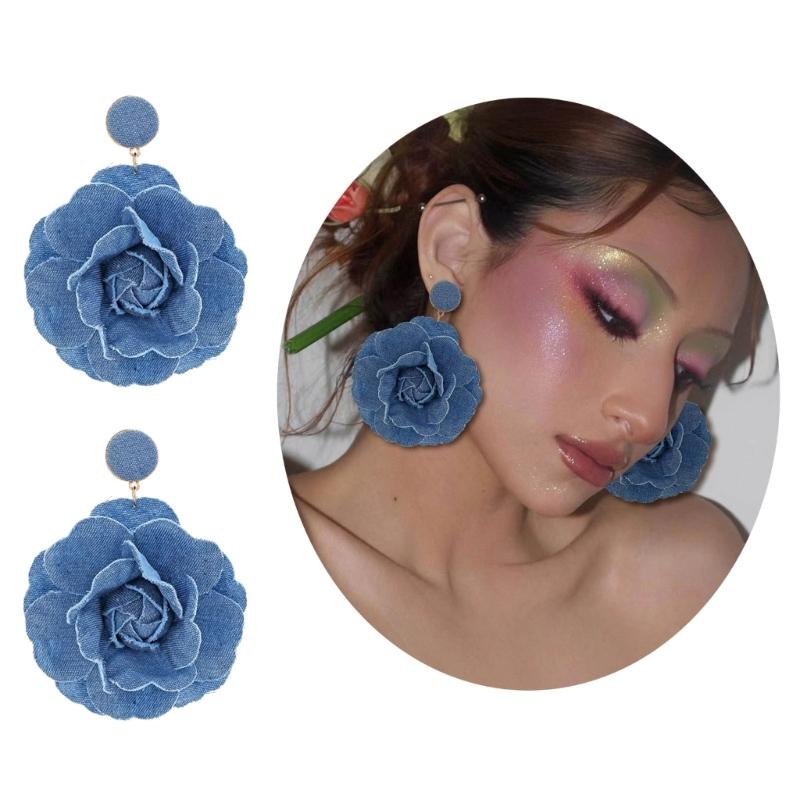 Orecchini Floreali Esagerati Fatti a Mano Orecchini Fiore di Rosa Eleganti Denims Fiori Orecchini Pendenti Gioiello Ornamento per Donne