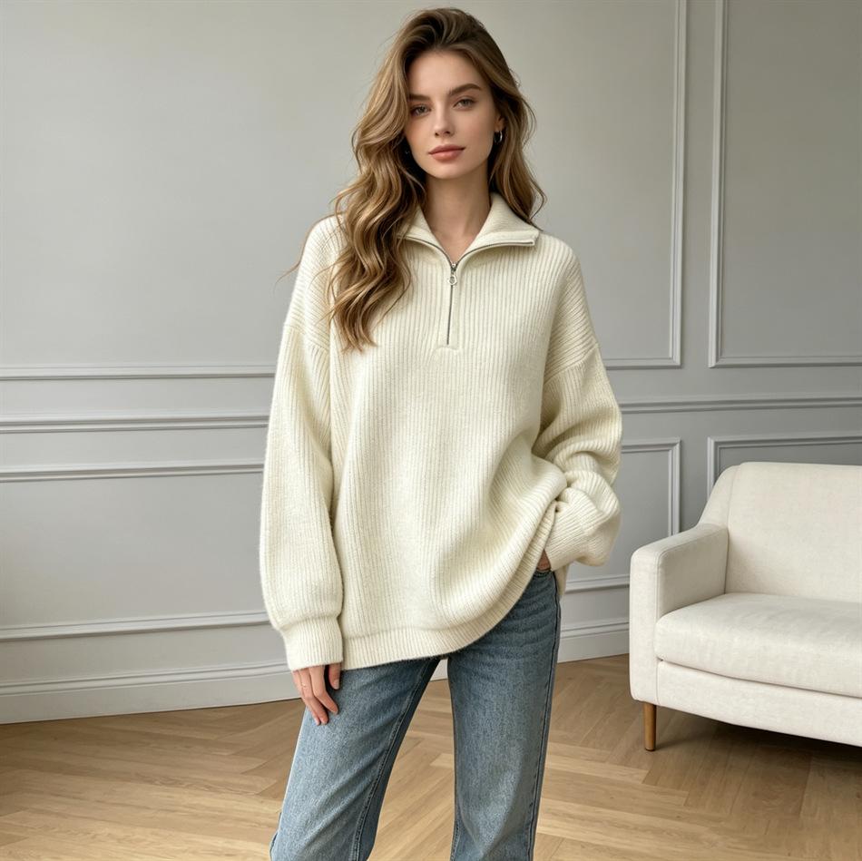 Solid color half-zipper lapel sweater women's soft waxy autumn and winter new loose and lazy outer wear pullover knitted top