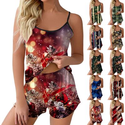 Kadın Modası Noel Baskılı Set Kolsuz Üst Şort Pijama ile