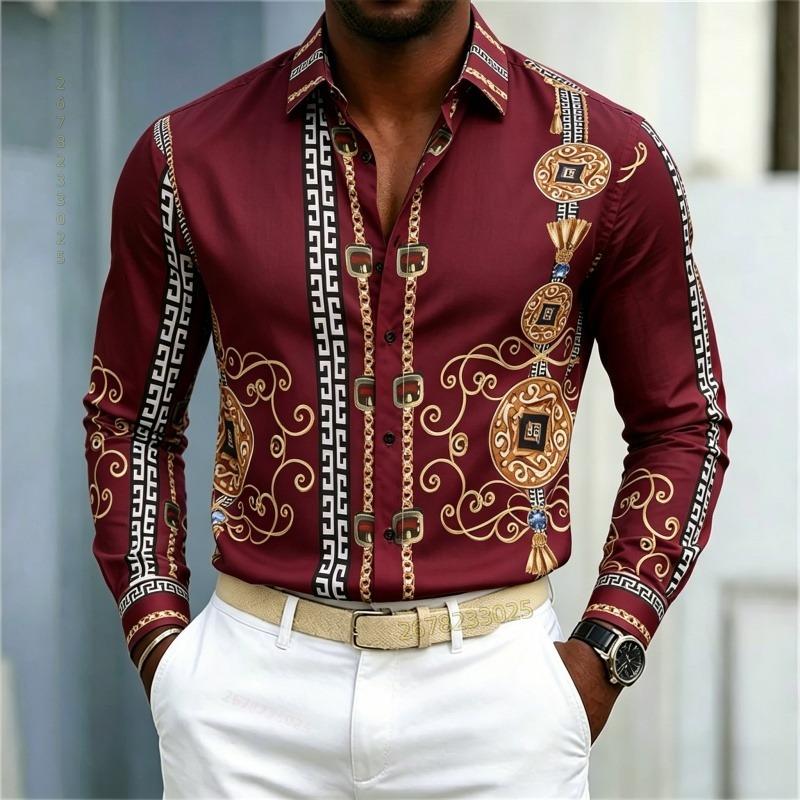 New Men's Shirt Palace Style Shirt Black Gold Pattern Printed Slimming Long Sleeve Shirt Trendy Fashion Casual Men's Wear
