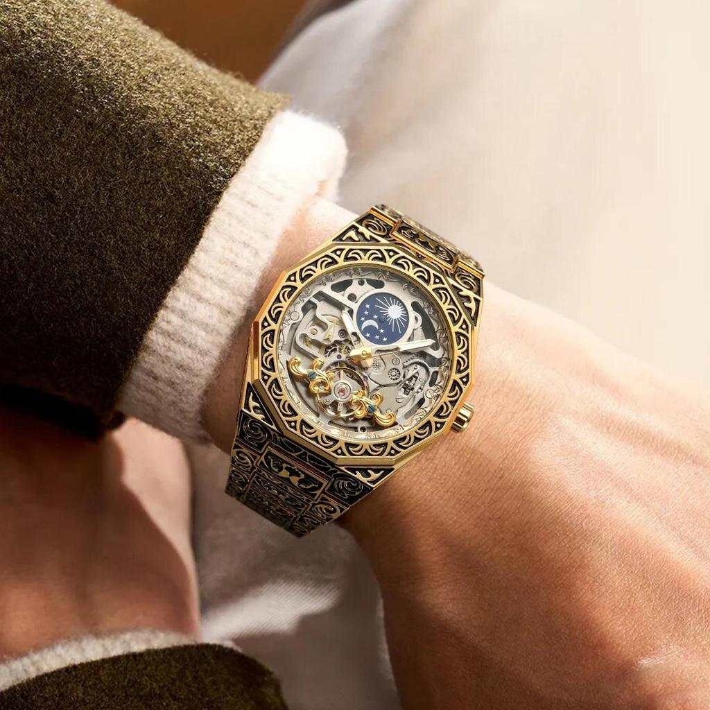 FORSINING Mens Luxury Engraving Wrist Watches Unique Tattoo Pattern Carved Stainless Steel Band Luminous Automatic Skeleton Watch