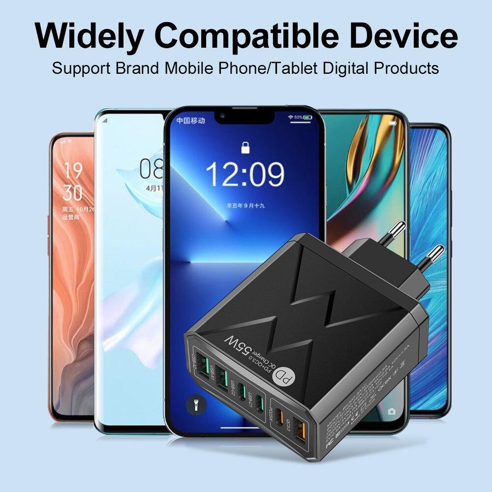 6 In 1 55W PD USB Charger Fast Charging Quick Charge 3.0 Travel Charger For iPhone Samsung Xiaomi Mobile Phone Charger