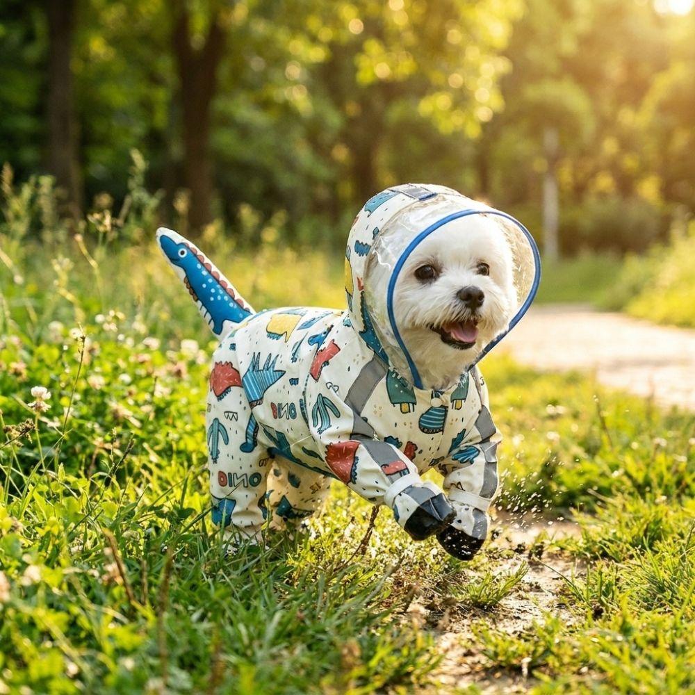 Windproof Dog Hooded Raincoat Cartoon Dinosaur Pattern Removable Tail Cover Pet Waterproof Cloak with D-ring Dog Rain Cloak