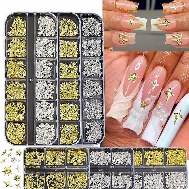 6/12Grids Metal Bow Nail Art Charm Gold Silver 3D Star/Cross Nail Rivet Starlight Nail Decoration Parts Diy Manicure Accessories